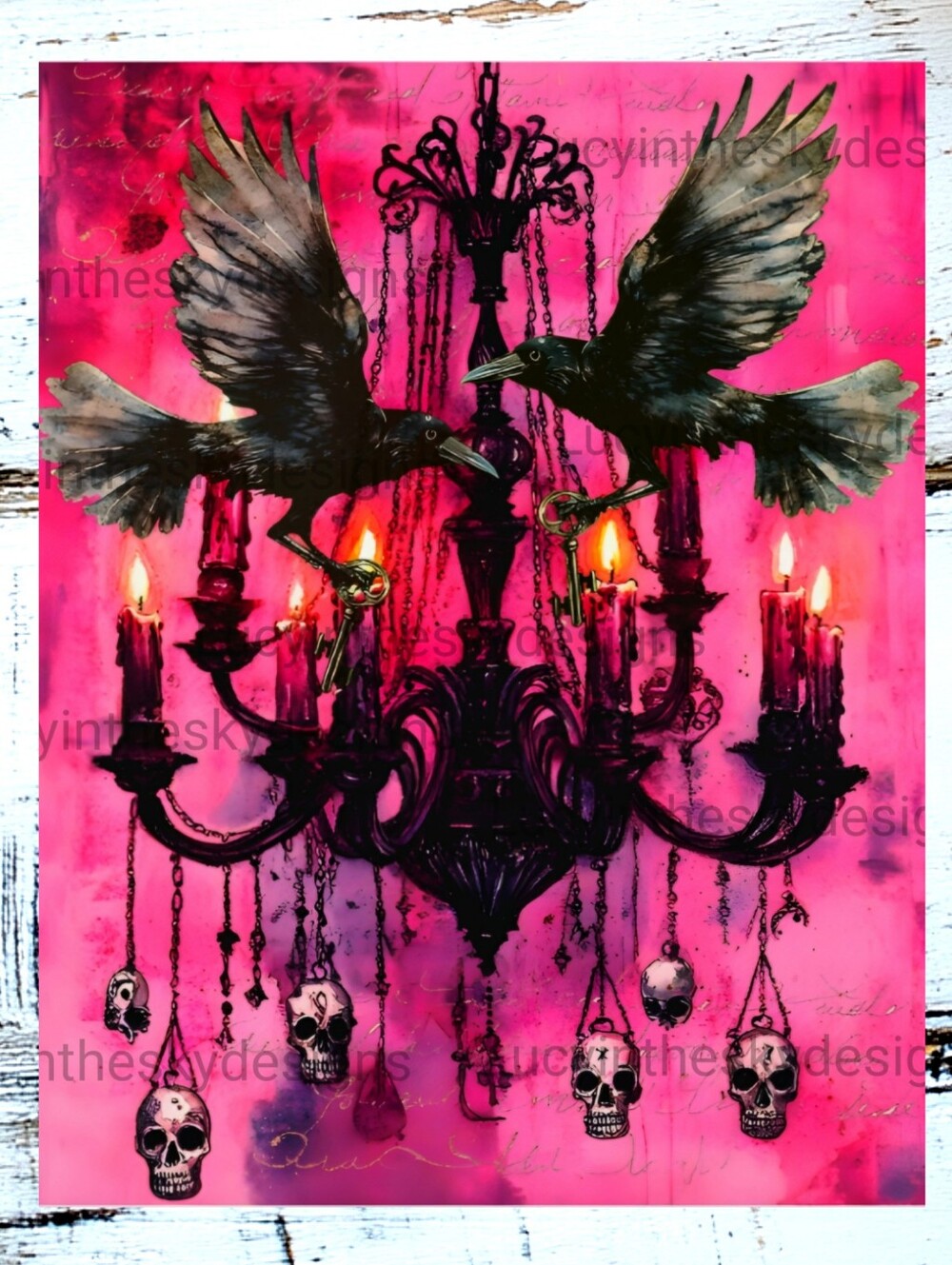 Raven Gothic Glam  Hot Pink Noir Black Skull Whimsical Bright Macabre Art Print